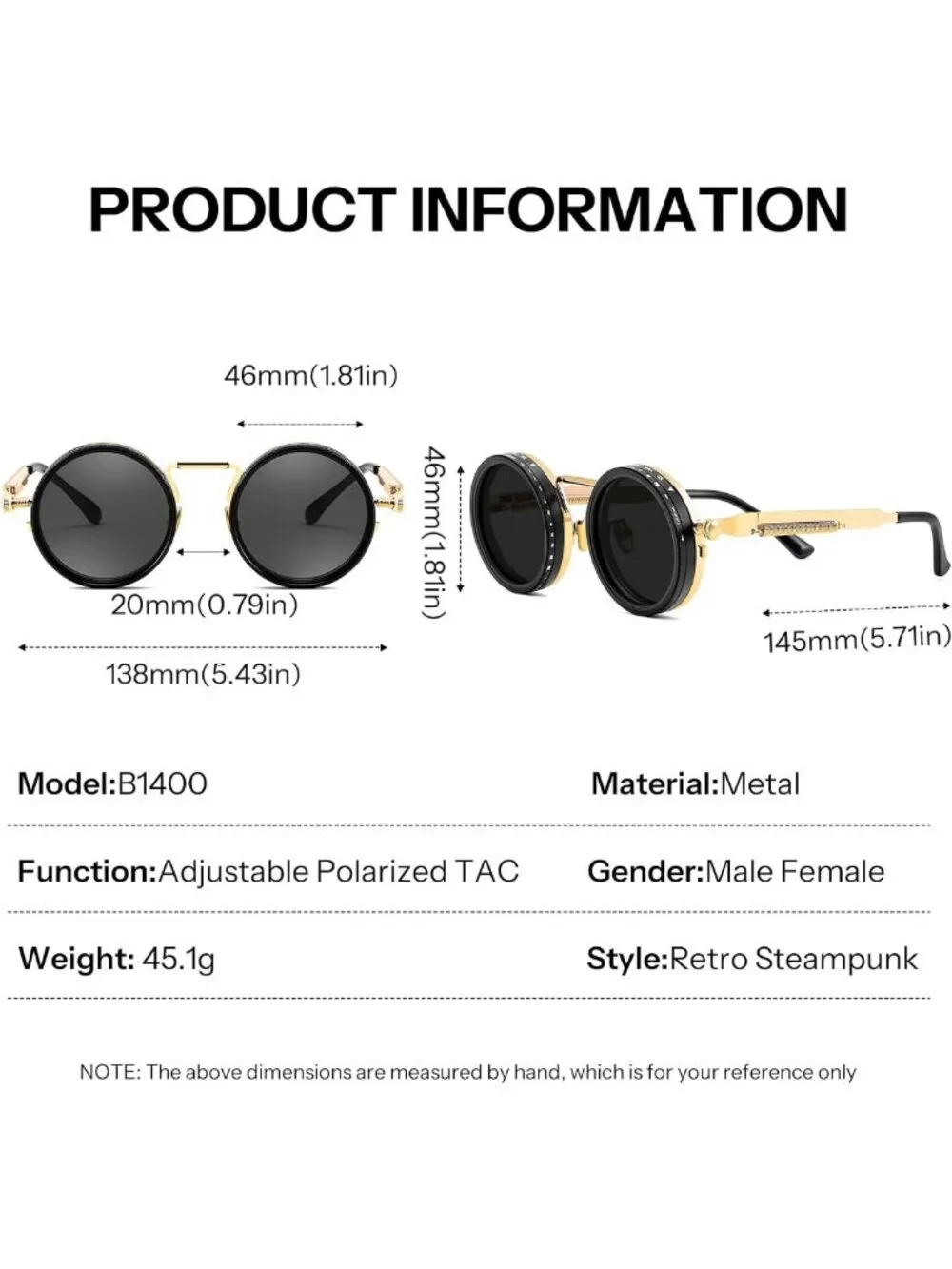 Adjustable Polarized Tint Sunglasses for Men, Steampunk Round Metal Frame, UV400